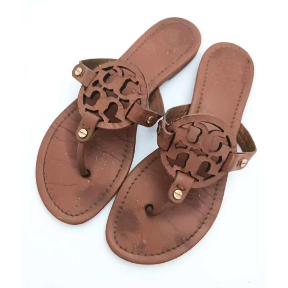 Tory Burch Miller Thong Sandals Brown Leather US 8.5M